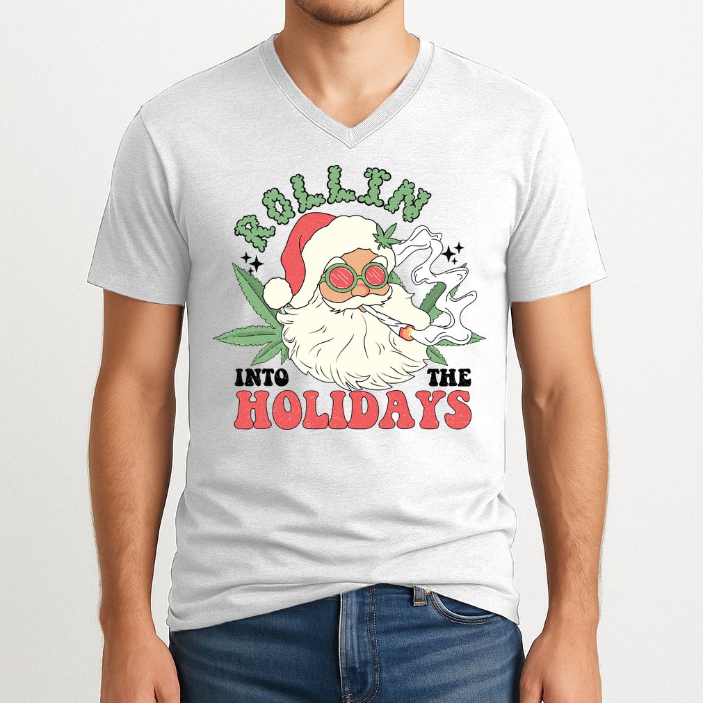 Rollin Into The Holidays Funny Marijuana Santa V-Neck T-Shirt