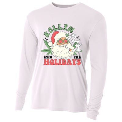 Rollin Into The Holidays Funny Marijuana Santa Cooling Performance Long Sleeve Crew