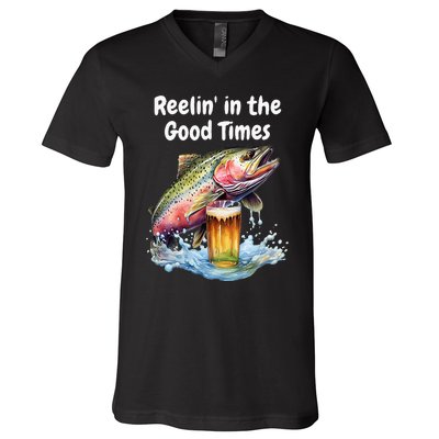 Reelin In The Good Times A Unique Fish & Beer Design V-Neck T-Shirt