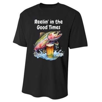 Reelin In The Good Times A Unique Fish & Beer Design Performance Sprint T-Shirt