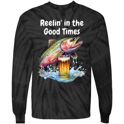 Reelin In The Good Times A Unique Fish & Beer Design Tie-Dye Long Sleeve Shirt