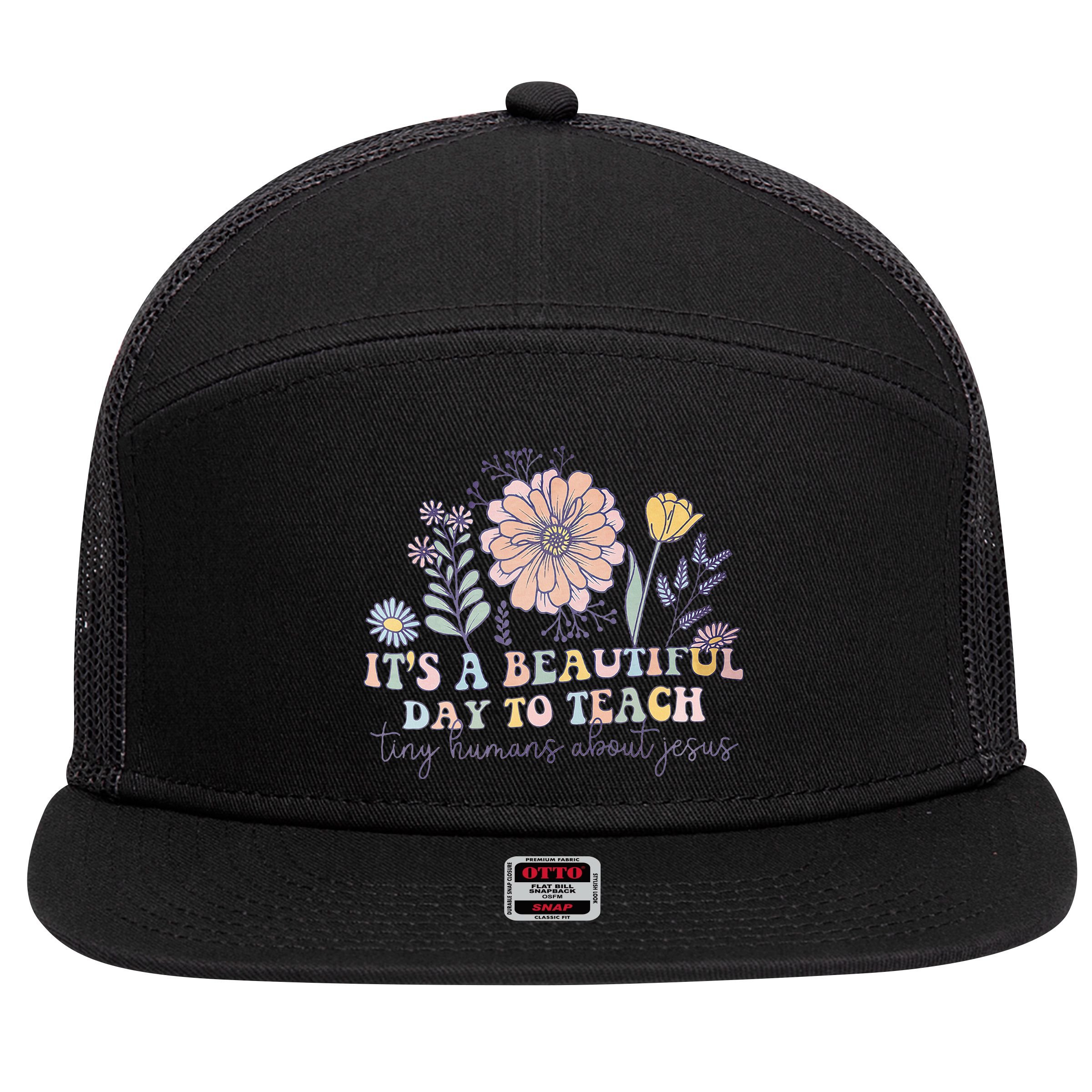 Retro I Teach Tiny Humans About Jesus Christian Teacher 7 Panel Mesh Trucker Snapback Hat