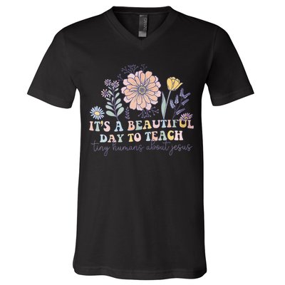 Retro I Teach Tiny Humans About Jesus Christian Teacher V-Neck T-Shirt