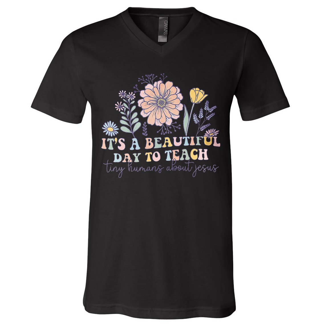 Retro I Teach Tiny Humans About Jesus Christian Teacher V-Neck T-Shirt