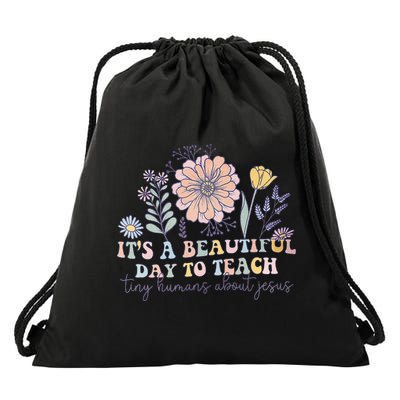 Retro I Teach Tiny Humans About Jesus Christian Teacher Drawstring Bag
