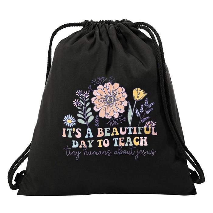 Retro I Teach Tiny Humans About Jesus Christian Teacher Drawstring Bag