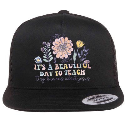 Retro I Teach Tiny Humans About Jesus Christian Teacher Flat Bill Trucker Hat