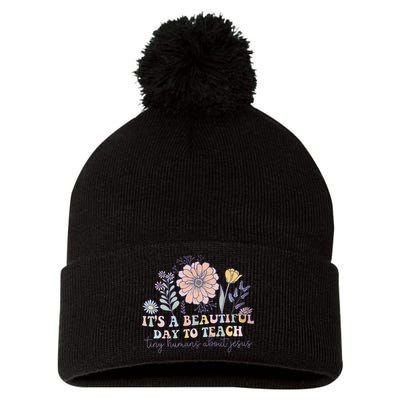 Retro I Teach Tiny Humans About Jesus Christian Teacher Pom Pom 12in Knit Beanie