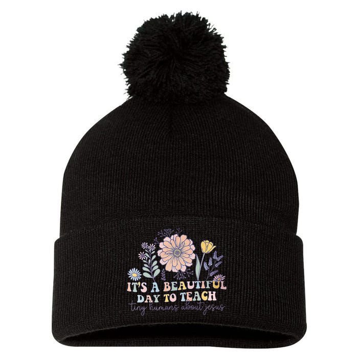 Retro I Teach Tiny Humans About Jesus Christian Teacher Pom Pom 12in Knit Beanie