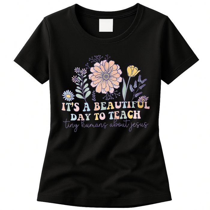 Retro I Teach Tiny Humans About Jesus Christian Teacher Womens T-Shirt