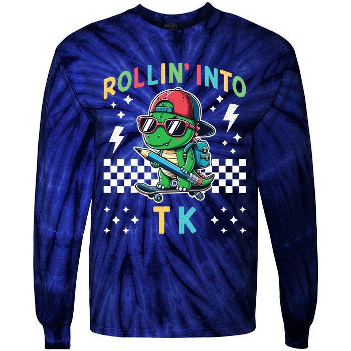 Rollin Into Tk Dinosaur First Day Of Tk I’M Ready For Tk Tie-Dye Long Sleeve Shirt