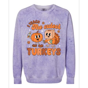 Retro I Teach The Cutest Turkey Thanksgiving Pumpkin Teacher Colorblast Crewneck Sweatshirt