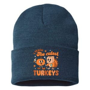 Retro I Teach The Cutest Turkey Thanksgiving Pumpkin Teacher Sustainable Knit Beanie