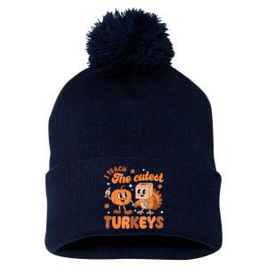 Retro I Teach The Cutest Turkey Thanksgiving Pumpkin Teacher Pom Pom 12in Knit Beanie