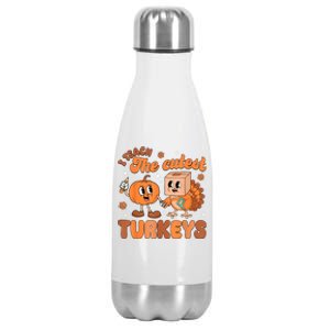 Retro I Teach The Cutest Turkey Thanksgiving Pumpkin Teacher Stainless Steel Insulated Water Bottle