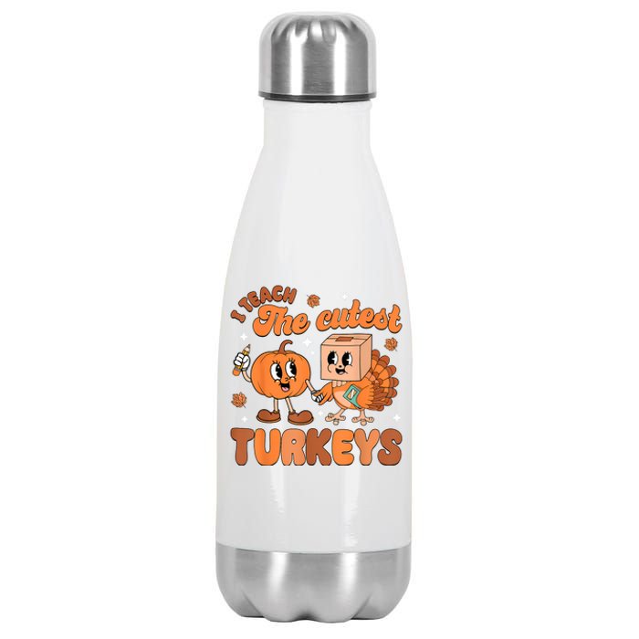 Retro I Teach The Cutest Turkey Thanksgiving Pumpkin Teacher Stainless Steel Insulated Water Bottle