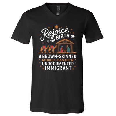 Rejoice In The Birth Of A Brown Skinned Christmas Christian V-Neck T-Shirt