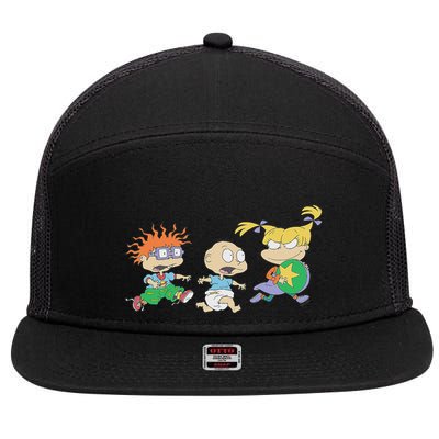 Rugrats Iconic Trio Angelica Tommy Chuckie Big Chest Logo 7 Panel Mesh Trucker Snapback Hat