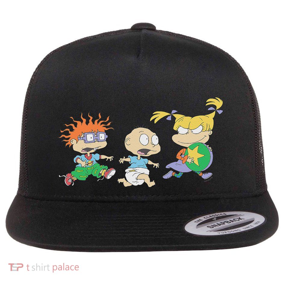 Rugrats Iconic Trio Angelica Tommy Chuckie Big Chest Logo Flat Bill Trucker Hat
