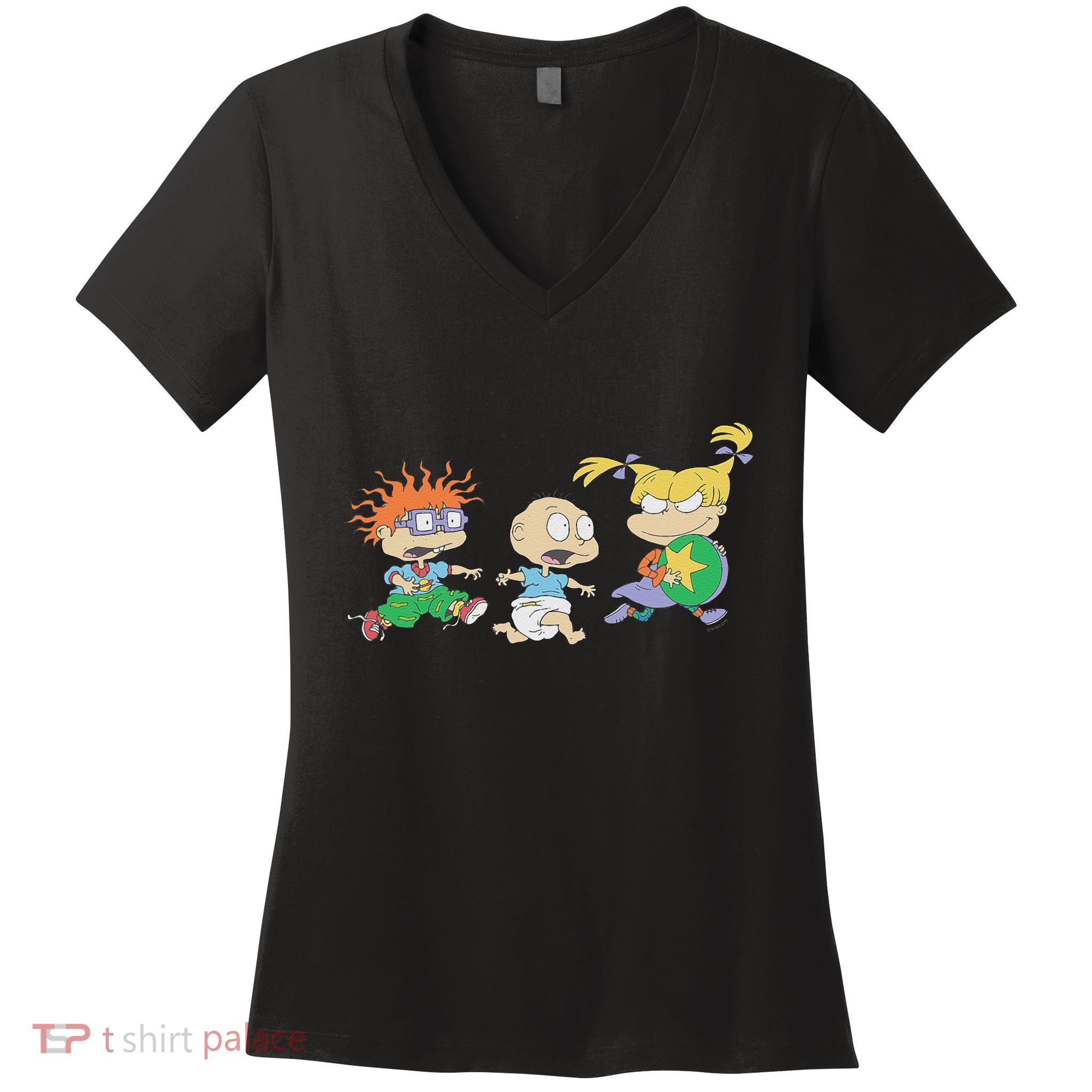 Rugrats Iconic Trio Angelica Tommy Chuckie Big Chest Logo Women's V-Neck T-Shirt