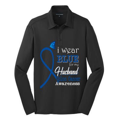 Ribbon I Wear Blue For Husband Colon Cancer Awareness Gift Silk Touch Performance Long Sleeve Polo