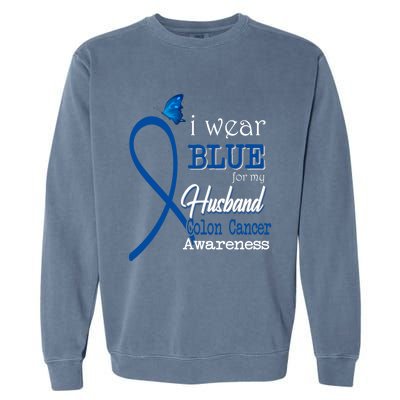 Ribbon I Wear Blue For Husband Colon Cancer Awareness Gift Garment-Dyed Sweatshirt