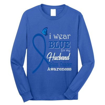 Ribbon I Wear Blue For Husband Colon Cancer Awareness Gift Long Sleeve Shirt