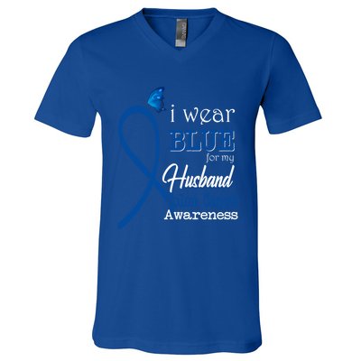 Ribbon I Wear Blue For Husband Colon Cancer Awareness Gift V-Neck T-Shirt