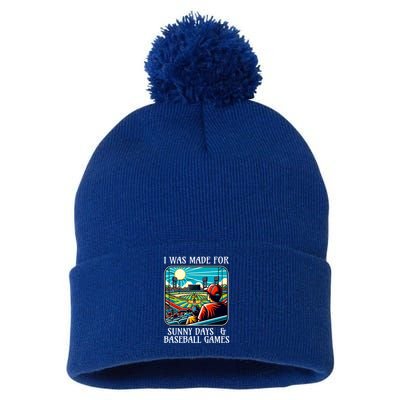 Retro I Was Made Sunny Days And Baseball Games Summer Funny Gift Pom Pom 12in Knit Beanie