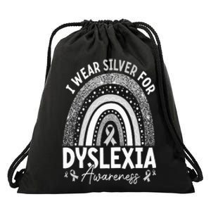 Rainbow I Wear Gray Ribbon For Dyslexia Awareness Drawstring Bag