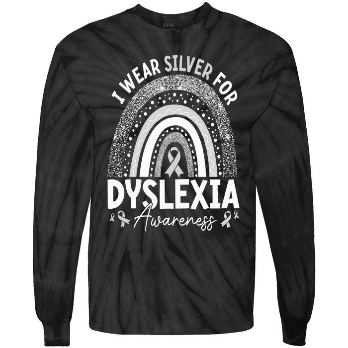 Rainbow I Wear Gray Ribbon For Dyslexia Awareness Tie-Dye Long Sleeve Shirt