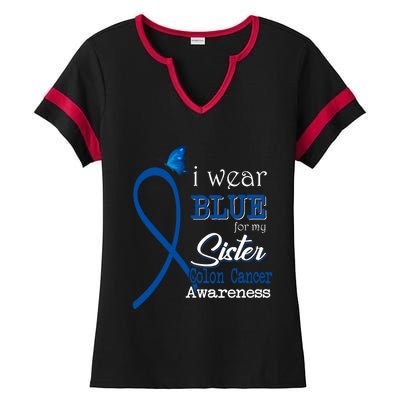 Ribbon I Wear Blue For Sister Colon Cancer Awareness Gift Ladies Halftime Notch Neck Tee