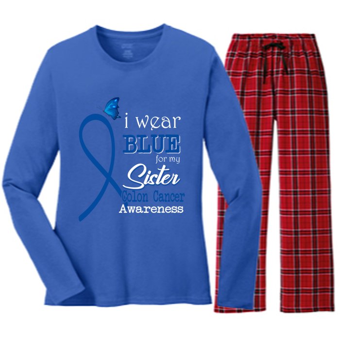 Ribbon I Wear Blue For Sister Colon Cancer Awareness Gift Women's Long Sleeve Flannel Pajama Set 