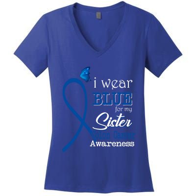 Ribbon I Wear Blue For Sister Colon Cancer Awareness Gift Women's V-Neck T-Shirt