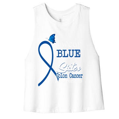 Ribbon I Wear Blue For Sister Colon Cancer Awareness Gift Women's Racerback Cropped Tank