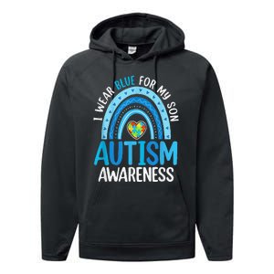 Rainbow I Wear Blue For My Son Autism Awareness Performance Fleece Hoodie