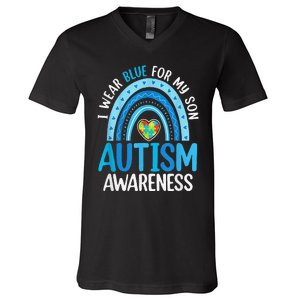 Rainbow I Wear Blue For My Son Autism Awareness V-Neck T-Shirt