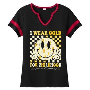 Retro I Wear Gold For Childhood Cancer Awareness Gold Ribbon Gift Ladies Halftime Notch Neck Tee