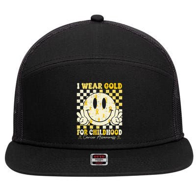 Retro I Wear Gold For Childhood Cancer Awareness Gold Ribbon Gift 7 Panel Mesh Trucker Snapback Hat