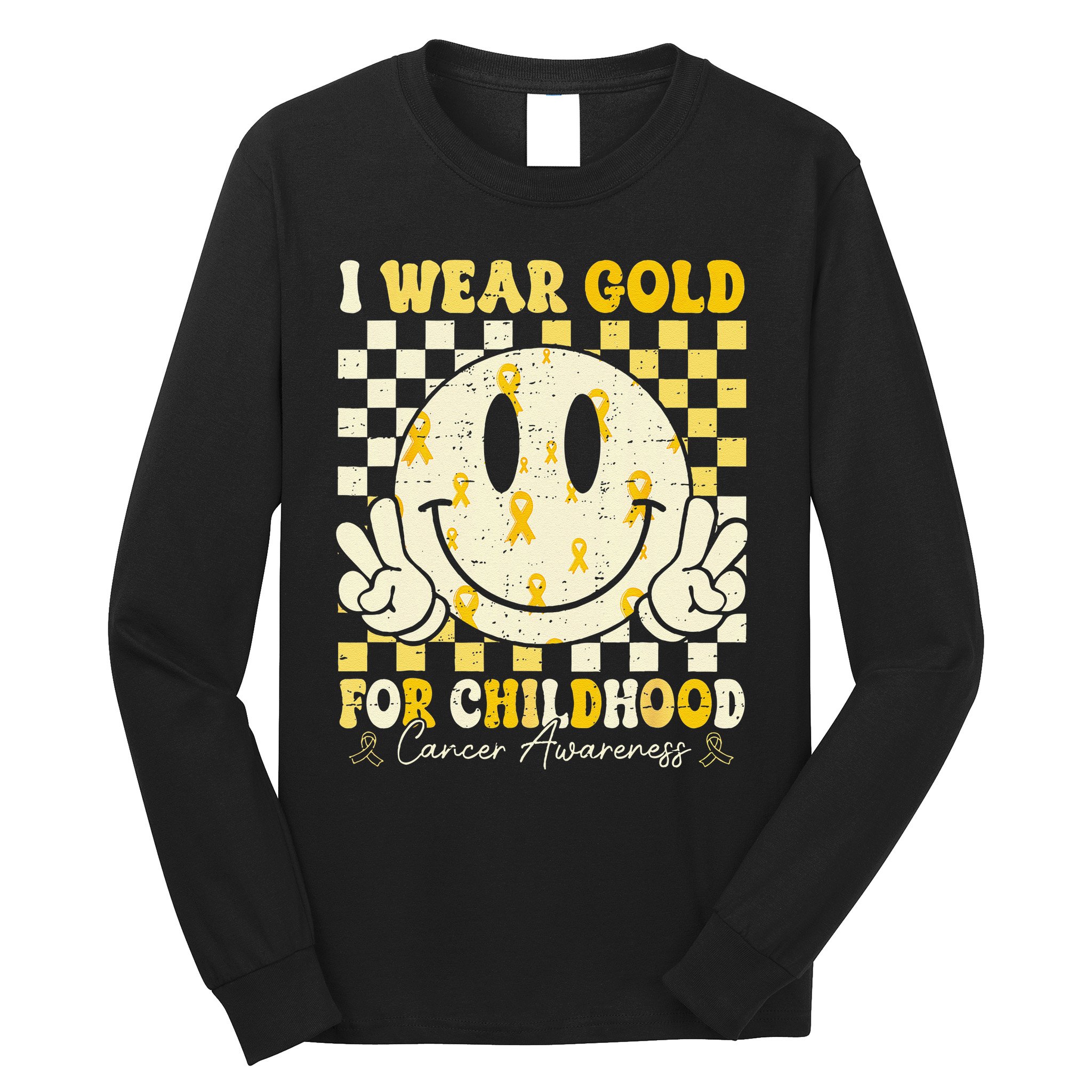 Retro I Wear Gold For Childhood Cancer Awareness Gold Ribbon Gift Long Sleeve Shirt