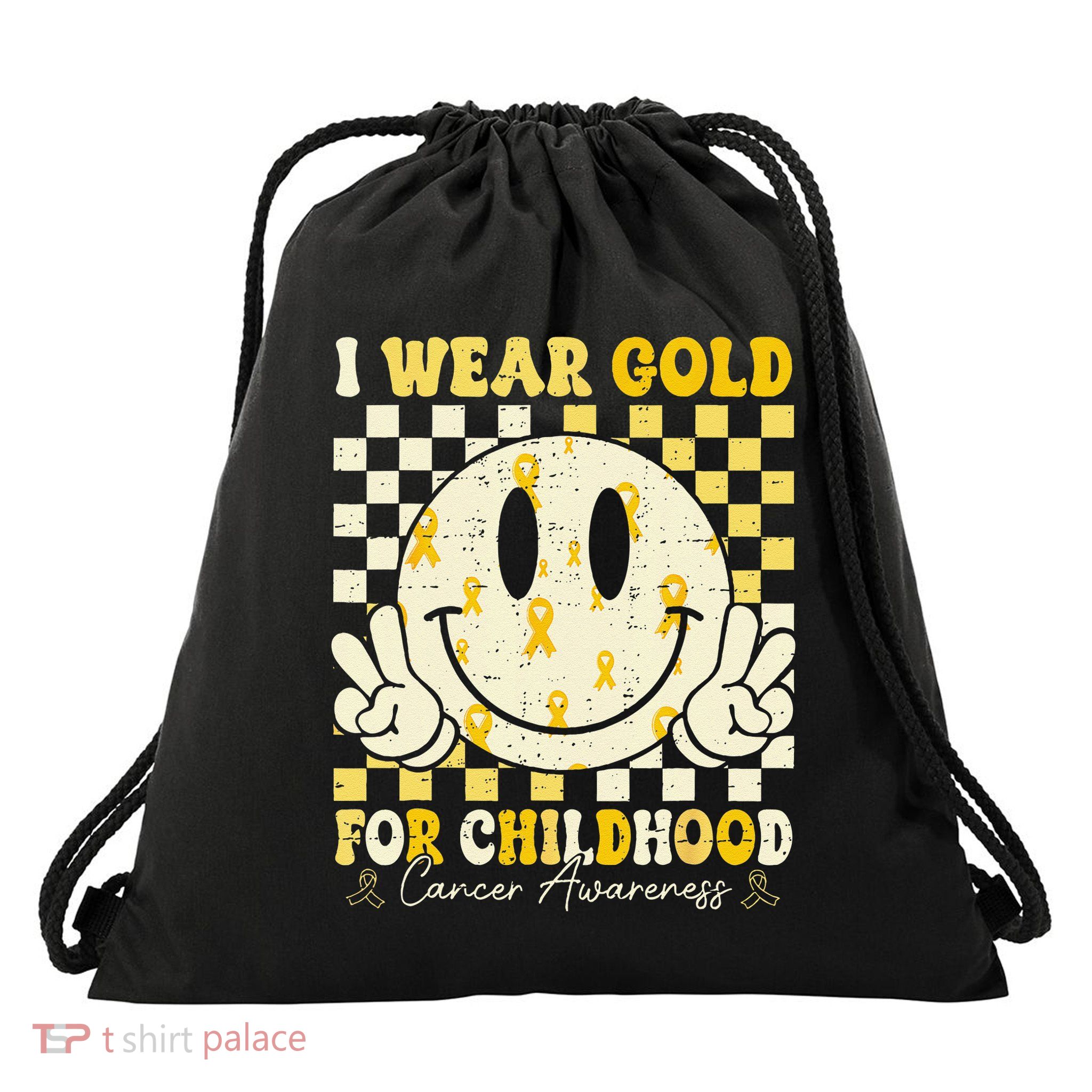 Retro I Wear Gold For Childhood Cancer Awareness Gold Ribbon Gift Drawstring Bag