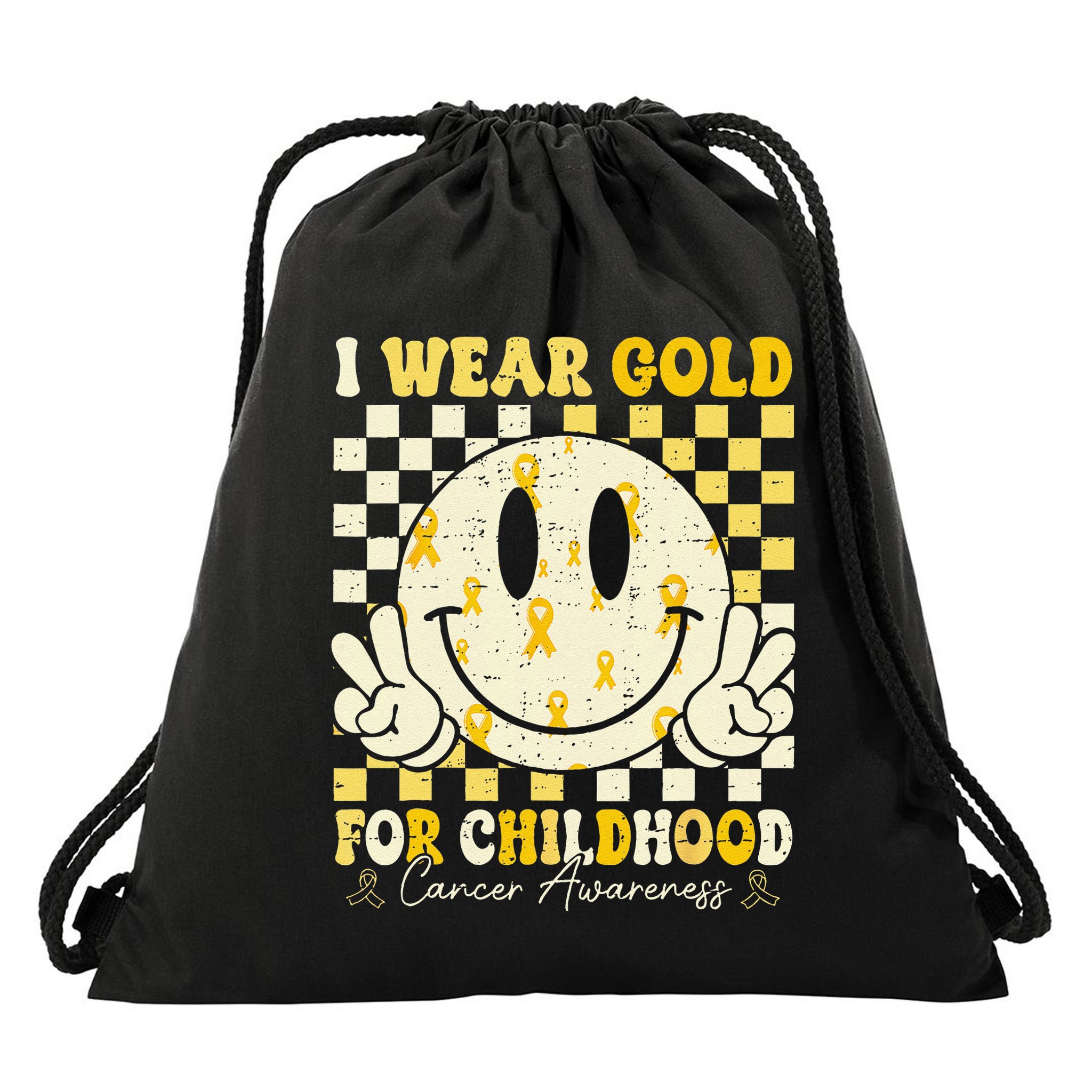 Retro I Wear Gold For Childhood Cancer Awareness Gold Ribbon Gift Drawstring Bag