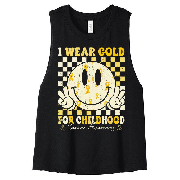 Retro I Wear Gold For Childhood Cancer Awareness Gold Ribbon Gift Women's Racerback Cropped Tank