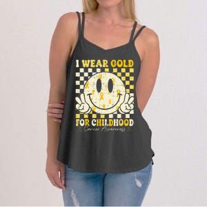 Retro I Wear Gold For Childhood Cancer Awareness Gold Ribbon Gift Women's Strappy Tank