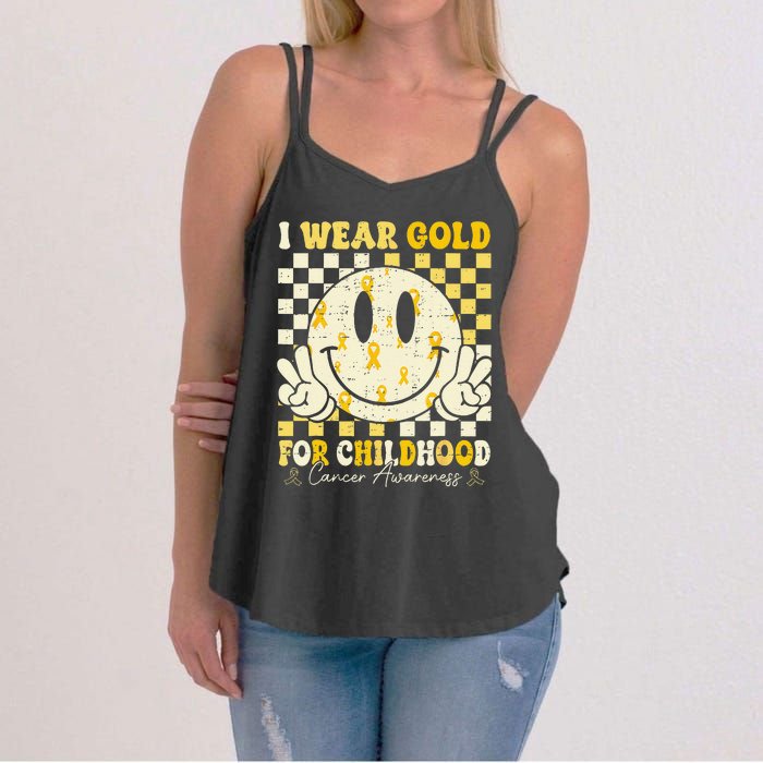 Retro I Wear Gold For Childhood Cancer Awareness Gold Ribbon Gift Women's Strappy Tank