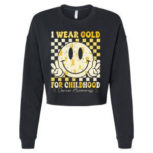 Retro I Wear Gold For Childhood Cancer Awareness Gold Ribbon Gift Cropped Pullover Crew