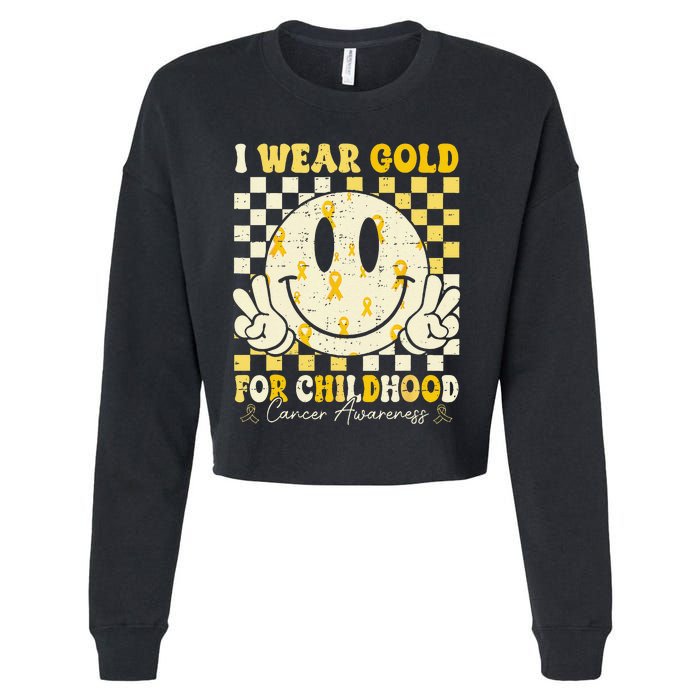 Retro I Wear Gold For Childhood Cancer Awareness Gold Ribbon Gift Cropped Pullover Crew