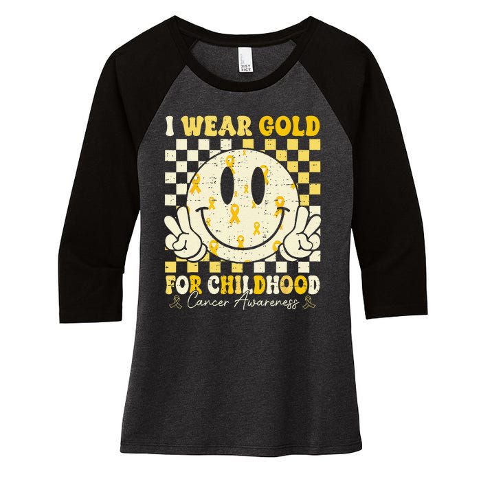 Retro I Wear Gold For Childhood Cancer Awareness Gold Ribbon Gift Women's Tri-Blend 3/4-Sleeve Raglan Shirt