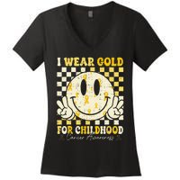 Retro I Wear Gold For Childhood Cancer Awareness Gold Ribbon Gift Women's V-Neck T-Shirt