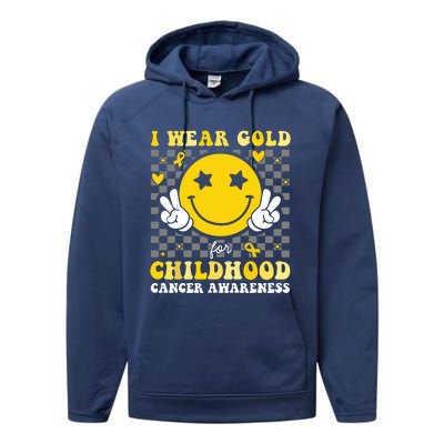 Retro I Wear Gold For Childhood Cancer Awareness Performance Fleece Hoodie